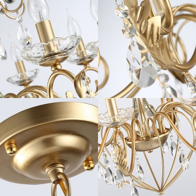 Vintage Candle Pendant Light Metal and Crystal 5/8 Lights Height Adjustable Gold Hanging Chandelier