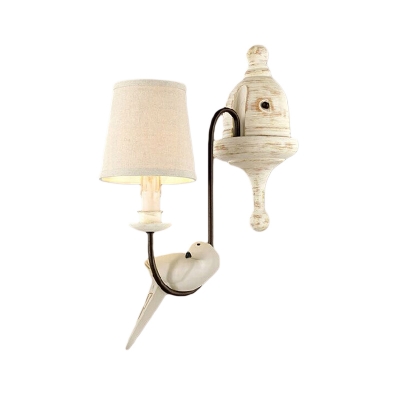 1/2 Lights Tapered Wall Sconce with Bird Accents Country Rustic Fabric Wall Lighting in Distressed White