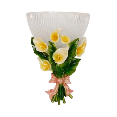 1 Light Bowl Wall Lamp with Flower Frosted Ribbed Glass Loft Wall Mounted Lamp in Green/White