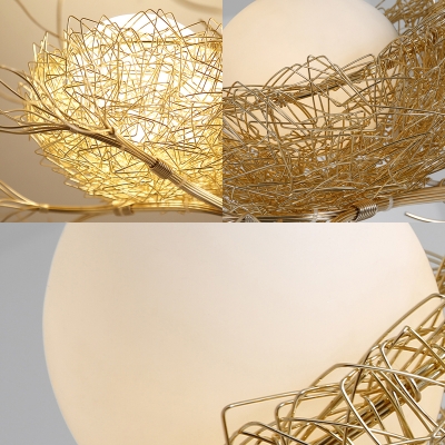 3 Lights Egg Hanging Chandelier Modern Milk Glass Pendant Lamp with Metal Nest