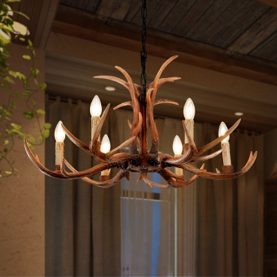 4/6/8/10 Lights Bare Bulb Chandelier Light with Antlers Decoration Vintage Resin Hanging Lamp in Brown
