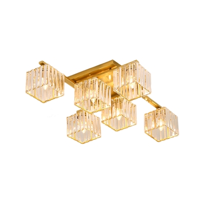 4/6/8 Lights Square Semi Flush Lighting Triangle Cut Clear Crystal Vintage Black/Gold Semi Flush Mount for Living Room