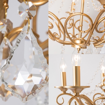 6 Lights Clear Crystal Pendant Lamp with Candle Vintage Country Style Chandelier Lighting in Gold