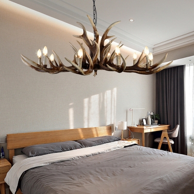 Bedroom Antlers Pendant Chandelier Countryside Resin 6/10/15-Bulb Hanging Ceiling Light with Metal Chain in Brown