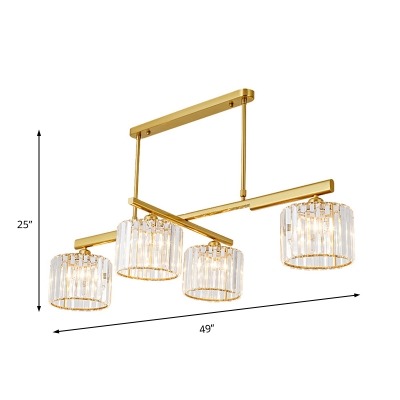 Brass Cylinder Hanging Lights Modern Crystal and Metal 4 Heads Lighting Fixture for Kitchen Dining