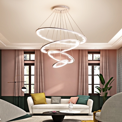 Circular Hanging Chandelier Light Modern Simple Metal Led Living Room Lighting in White