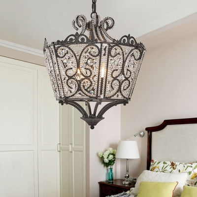 Clear Crystal Lantern Pendant Lighting Traditional 4 Bulbs Matte Black Hanging Ceiling Light for Living Room