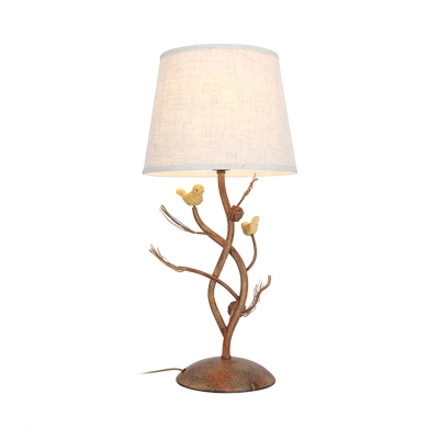Cone Standing Table Lamp with Tree and Bird Single Light Beige Fabric Shade Loft Table Lighting for Bedroom