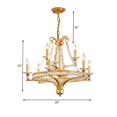 Gold Ceiling Pendant with Candle and Crystal Beaded Strands 9 Lights Traditional Metal Chandelier for Living Room