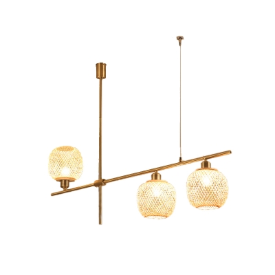 Handmade Lantern Chandelier Lamp Asian Style 3 Lights Bamboo Pendant Light in Gold Finish