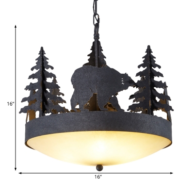 Loft Bowl Chandelier with Tree and Bear Metal and Opal Glass 3-Light Pendant Lighting in Black