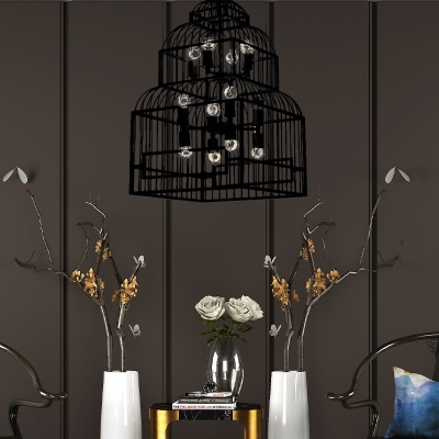 Loft Metal Cage Hanging Pendant Light with Adjustable Chain 12 Bulbs Black/Wood Hanging Lamp