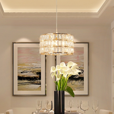 Modern Drum Hanging Lamp Clear Faceted Crystal Gold Single Pendant Light for Dining Table