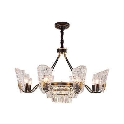 Modern Round Chandelier Lamp 4/6/8 Heads Clear Crystal and Glass Ceiling Hanging Light in Matte Black Finish