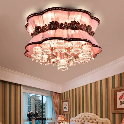 Pink Flower Flush Ceiling Light Modern Elegant Fabric LED Ceiling Mount Light with Crystal Decor for Coffee Shop