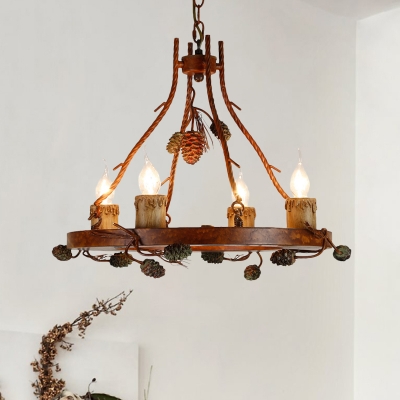 Rustic Round Chandelier with Pinecone 4 Light Wood Hanging Ceiling Light for Living Room