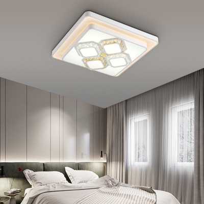 White Square/Rectangle Flush Lamp Modern Metal Led Bedroom Flush Ceiling Light with Crystal Accents