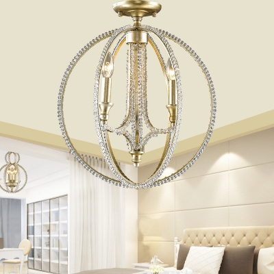 Wire Globe Semi Flush Mount Light 3 Lights Metal Country Style Ceiling Lighting in Brass with Crystal Beads