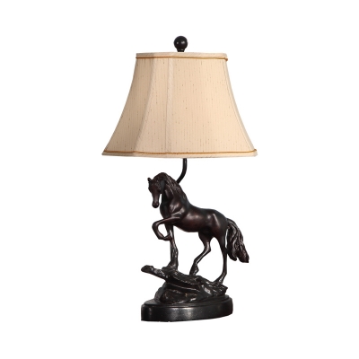 1 Head Bell Table Lighting with Horse Accents Loft Style Beige Fabric Shade Standing Table Light in Black