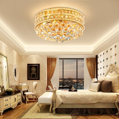 6 Bulbs Drum Close to Ceiling Light Clear Crystal Flush Mount Ceiling Light in Gold for Bedroom