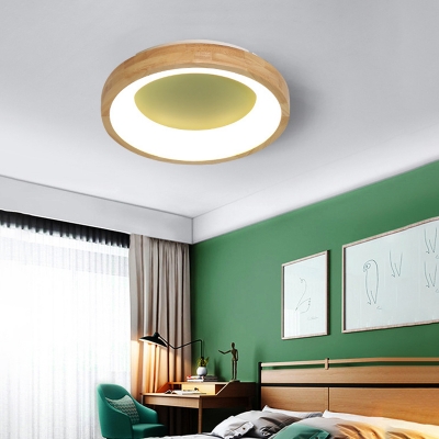 Blue/Green Round Flush Mount Lighting Modern Acrylic Creative Flush Mount Light with Wooden Rim for Bedroom