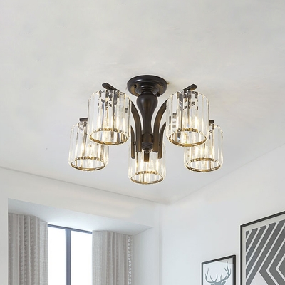 Clear Crystal Drum Ceiling Light 3/5 Lights Modern Black Semi Flush Ceiling Lamp for Bedroom