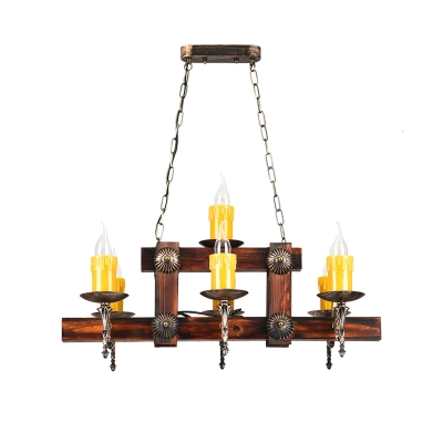 Country Hanging Pendant Light with Candle Adjustable 7/10 Lights Wood Island Lamp for Restaurant in Brown