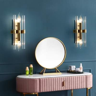 Double Pipe Crystal Wall Sconce Simple Style 2 Lights Sconce Lighting with Rectangle Backplate in Brass