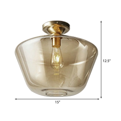 Drum/Vase Ceiling Mounted Fixture with Amber Glass Lampshade Contemporary 1 Light Flush Ceiling Fixture in Brass Finish