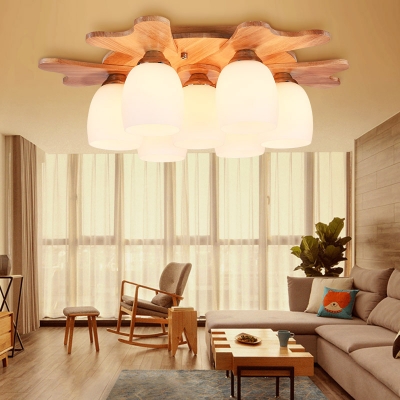 Elongated Dome Ceiling Light Fixture with Milk Glass Lampshade Modern 1/3/4/5/7-Light Ceiling Flush Mount in Wood