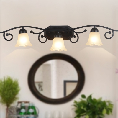 Frosted Glass Floral Wall Lighting Vintage 2/3 Heads Bathroom Wall Sconce Light in Black