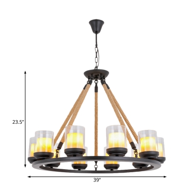 Industrial Round Hanging Light Clear Glass and Metal 4/6/8/10 Lights Indoor Chandelier Lamp in Black