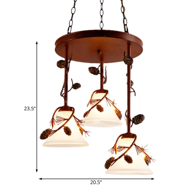 Loft Style Bell Pendant Lighting Frosted Glass 3 Lights Foyer Chandelier Lamp in Red Brown