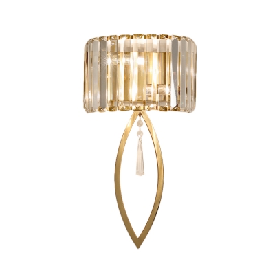 Luxurious Half-Drum Wall Light with Clear Crystal Metal 2 Lights Gold Wall Lamp for Corridor Bedroom