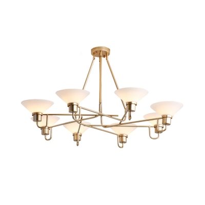 Metal Saucer Hanging Chandelier with Opal Glass Shade Mid-Century 8 Lights Suspension Light in Gold