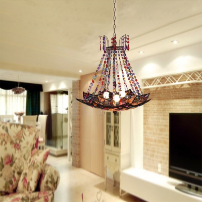 Metal Shade Bohemia Pendant Lamp with Crystal Bead 3 Lights Indoor Suspension Light in Antique Copper