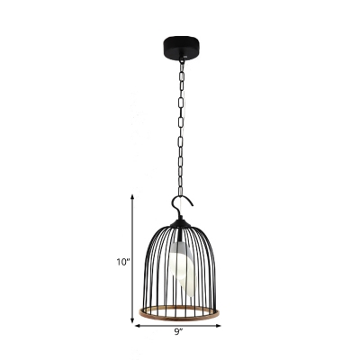 Metallic Birdcage Pendant Lamp Height Adjustable 1 Light Foyer Hanging Ceiling Light in Black