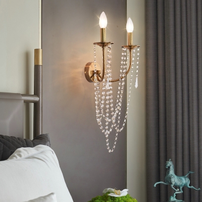 Metallic Candle Wall Lamp 2 Heads Retro Style Brass Wall Lamp with Crystal Bead for Bedside