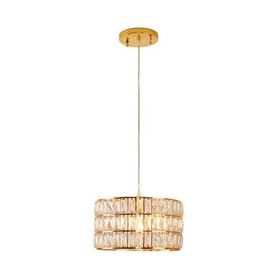Modern Drum Hanging Lamp Clear Faceted Crystal Gold Single Pendant Light for Dining Table