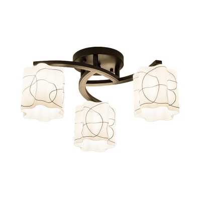 Swirl Semi Flushmount Light with Scalloped Drum Glass Shade 3/5/8 Lights Traditional Flush Light in Black