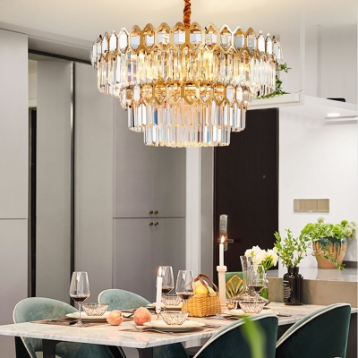 Tiered Round Pendant Lighting Clear Faceted Crystal 8 Bulbs Modern Hanging Ceiling Light in Gold