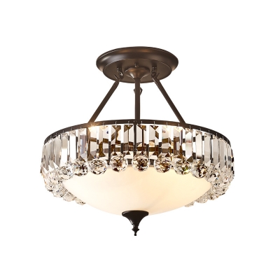 Traditional Drum Semi Flush Mount K9 Crystal and White Glass 4 Lights Indoor Semi Flush in Black