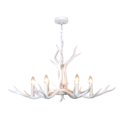 White Antlers Hanging Ceiling Light with Candle Modern Resin 6 Bulbs Restaurant Chandelier Light Fixture