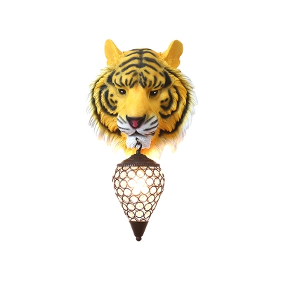 Yellow/Gray Tiger Sconce Lighting 1 Light Country Style Clear Crystal Wall Lamp with Metal Cage for Children Room