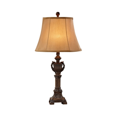 1-Head Tapered Table Lighting Brown Fabric Shade Traditional Standing Table Lamp in Aged Bronze