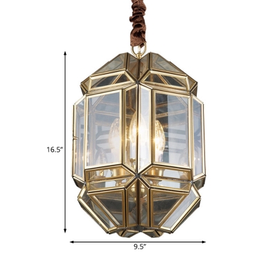 3 Lights Geometric Chandelier Lamp Vintage Style Clear Glass Porch Pendant Lighting in Brass