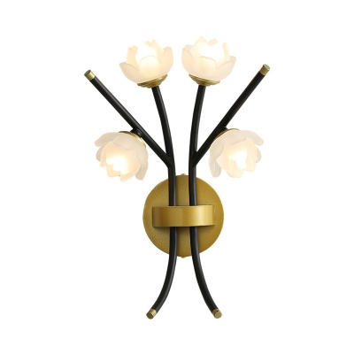 4 Lights Lotus Sconce Lighting Vintage Frosted Glass Shade Wall Lamp in Warm Brass