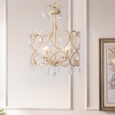 4 Lights Round Chandelier Lamp Vintage Metal Frame Hanging Ceiling Light in Gold with Crystal Prisms