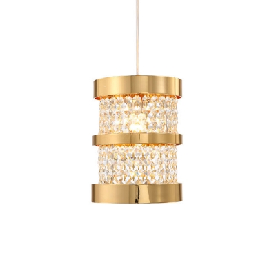 Black/Gold Cylinder Pendant Light with Clear Crystal Shade Single Light Modern Dining Room Ceiling Light