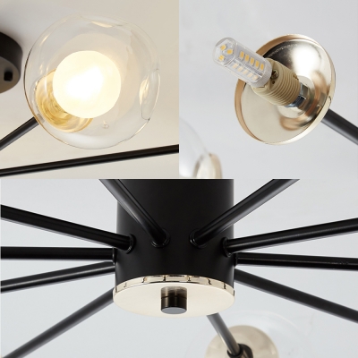 Black/White Sputnik Semi Flush Lighting Modern 8/10 Bulbs Semi Flush Lamp with Bubble Clear Glass Shade